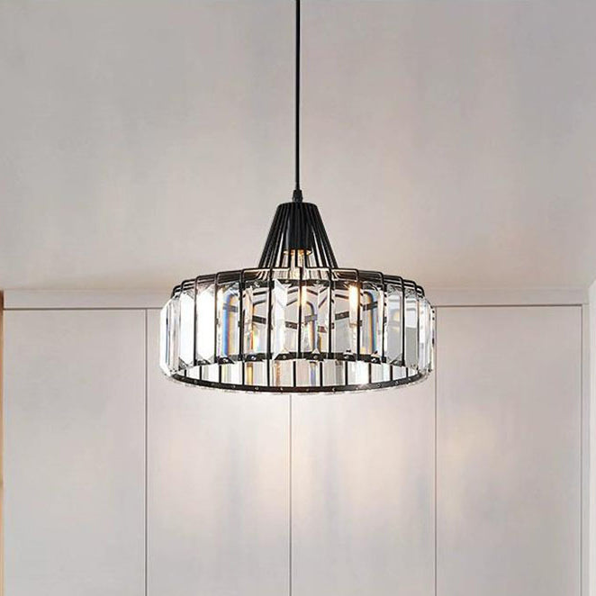 Contemporary Luxury Iron Cylinder Frame Crystal Shade 1-Light Pendant Lamp For Living Room