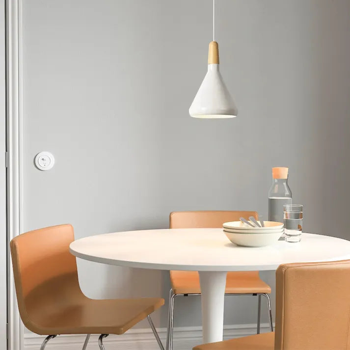 Moderne skandinavische Pendelleuchte – Farbiges Hängelicht mit Holzakzent für Küche & Esszimmer