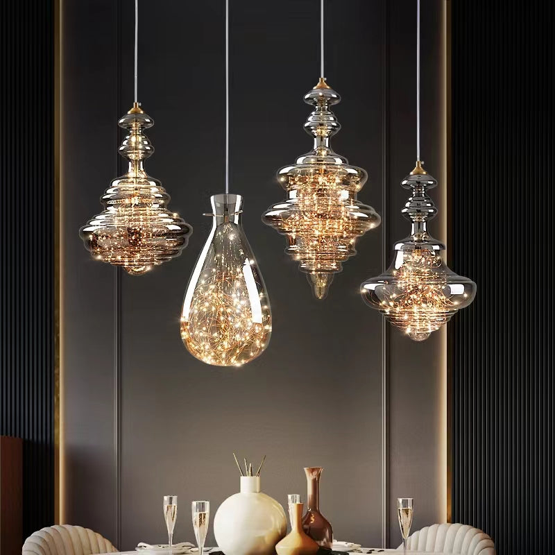 Luxuriöse Glas-Pendelleuchte mit LED-Lichterketten – Designer Hängelampe für Esszimmer, Wohnzimmer & Hotels – Vintage Modern Glamour
