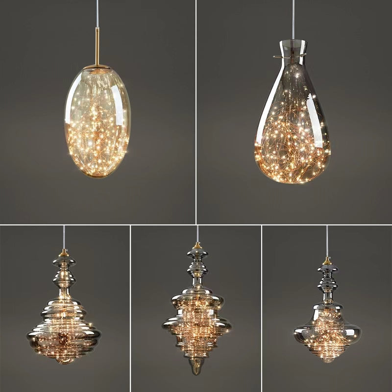 Luxuriöse Glas-Pendelleuchte mit LED-Lichterketten – Designer Hängelampe für Esszimmer, Wohnzimmer & Hotels – Vintage Modern Glamour