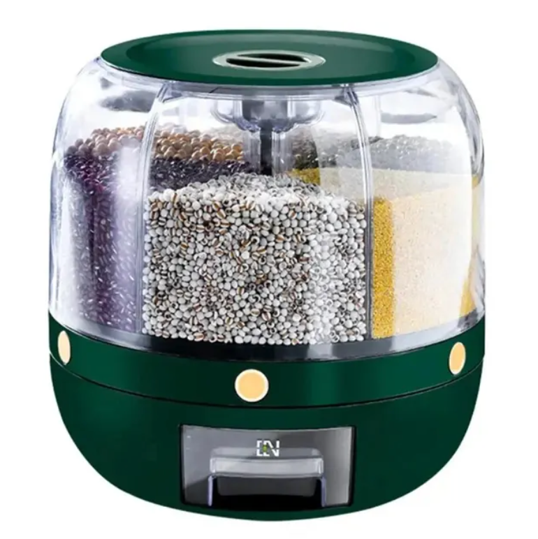 Drehbarer Getreidespender mit 6 Fächern – Luftdicht, Platzsparend & 360° Zugriff für Küche & Vorratsraum