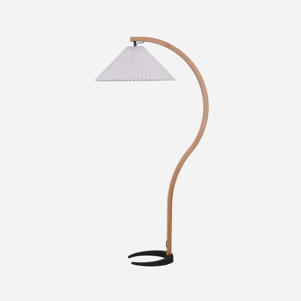 Retro Stehlampe mit geschwungenem Holzfuß & Falt-Lampenschirm – Design Stehleuchte für Wohnzimmer & Leseecke
