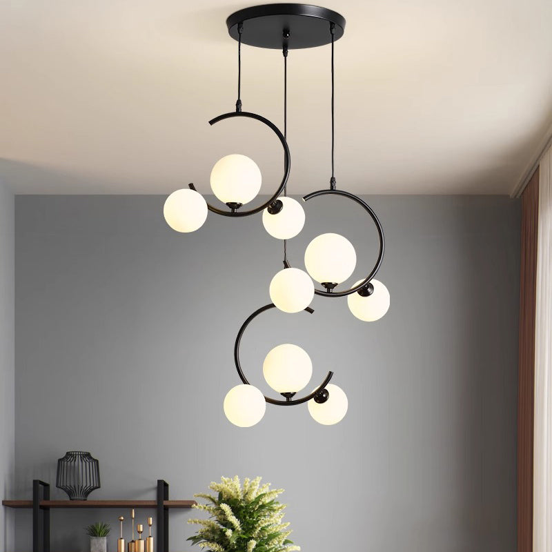 Modernes LED Pendelleuchte mit Glas-Kugeln – Design Deckenlampe im Spiral-Look für Wohnzimmer, Esszimmer & Treppenhaus – Schwarz & Weiß