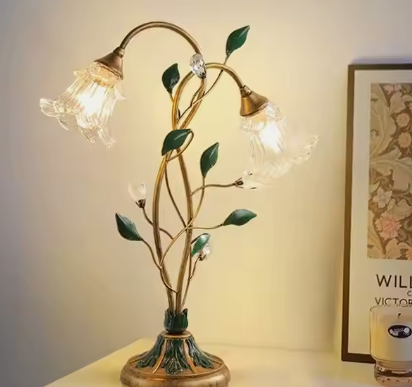 French vintage-style flower table lamp – Elegant LED light made of glass, iron & crystal with E14 socket for romantic home accents