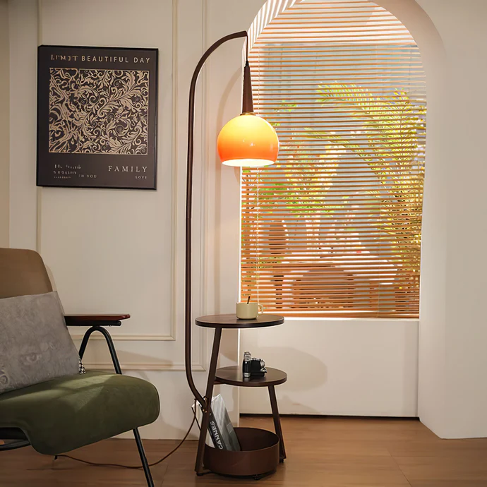 Bauhaus-inspirierter Nachttisch mit integrierter LED-Lampe – E27-Fassung, Metall-Holz-Glas-Mix, funktionales Designstück