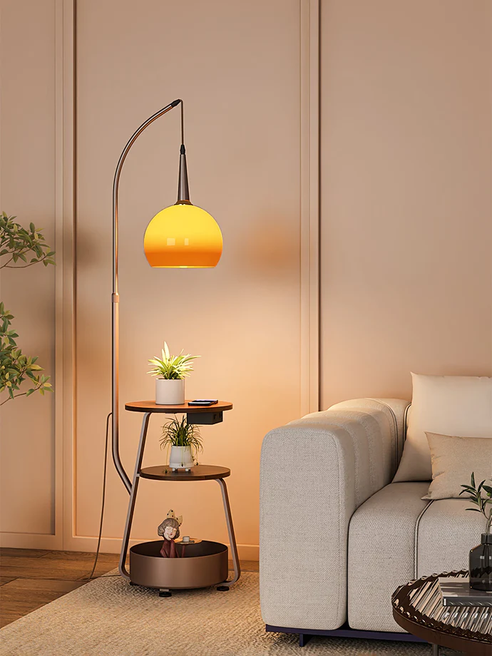Bauhaus-inspirierter Nachttisch mit integrierter LED-Lampe – E27-Fassung, Metall-Holz-Glas-Mix, funktionales Designstück