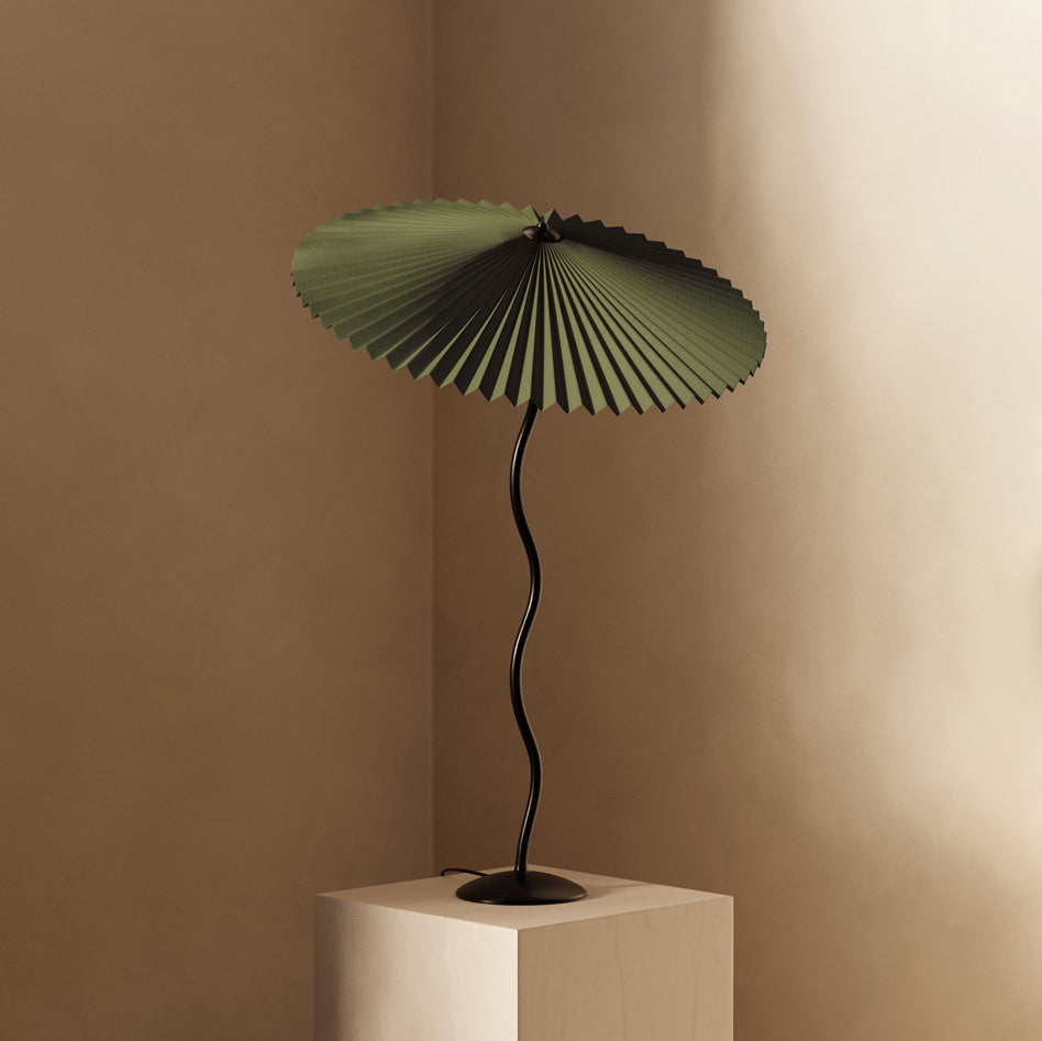 Squiggle Design Table Lamp – E14 Socket, LED Compatible, Fabric Shade & Metal, Artistic Wave Profile, Ø43 cm