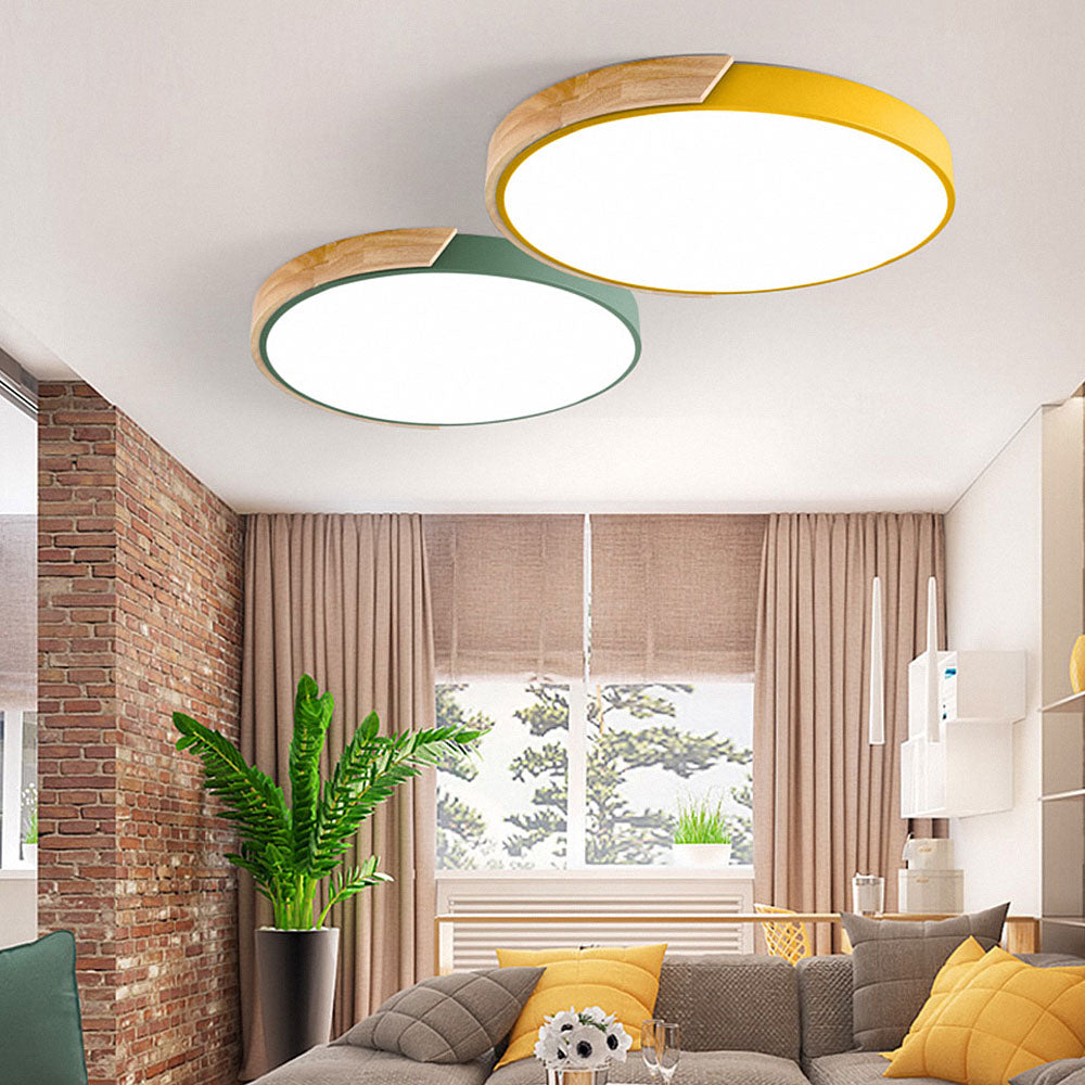 Minimalist round LED ceiling light with wood decor – modern design, dimmable
