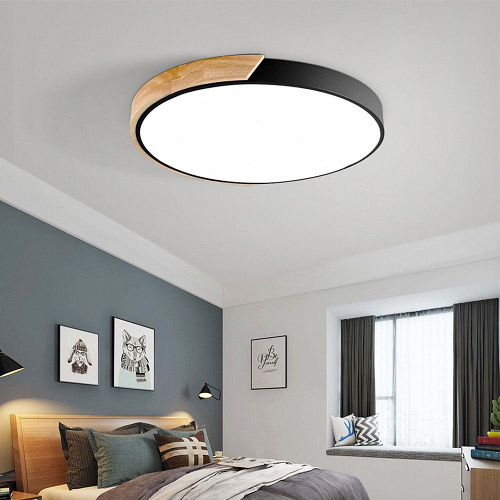 Minimalist round LED ceiling light with wood decor – modern design, dimmable