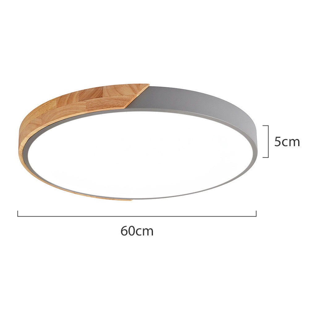 Minimalist round LED ceiling light with wood decor – modern design, dimmable