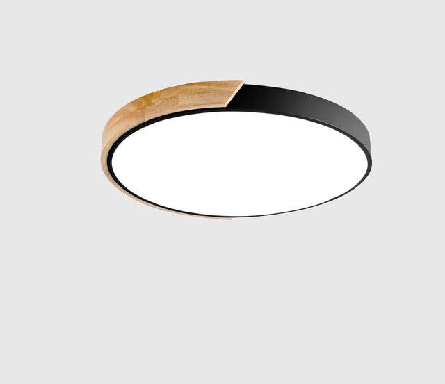 Minimalist round LED ceiling light with wood decor – modern design, dimmable