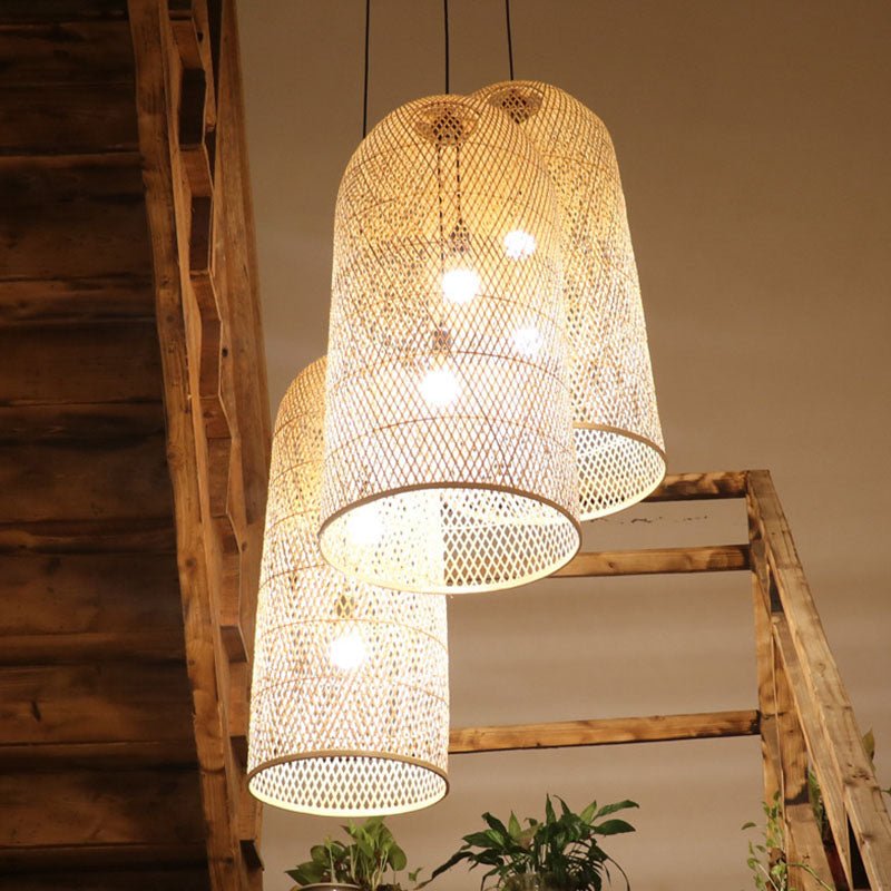Elegante Bambus Hängeleuchte - Asiatische 2-Lampen Holz-Deckenleuchte für das Wohnzimmer