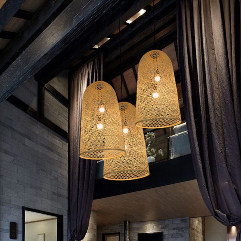 Elegante Bambus Hängeleuchte - Asiatische 2-Lampen Holz-Deckenleuchte für das Wohnzimmer