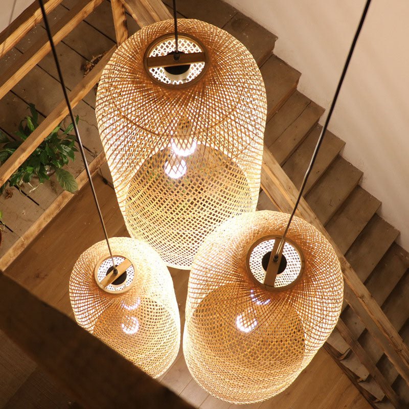 Elegante Bambus Hängeleuchte - Asiatische 2-Lampen Holz-Deckenleuchte für das Wohnzimmer