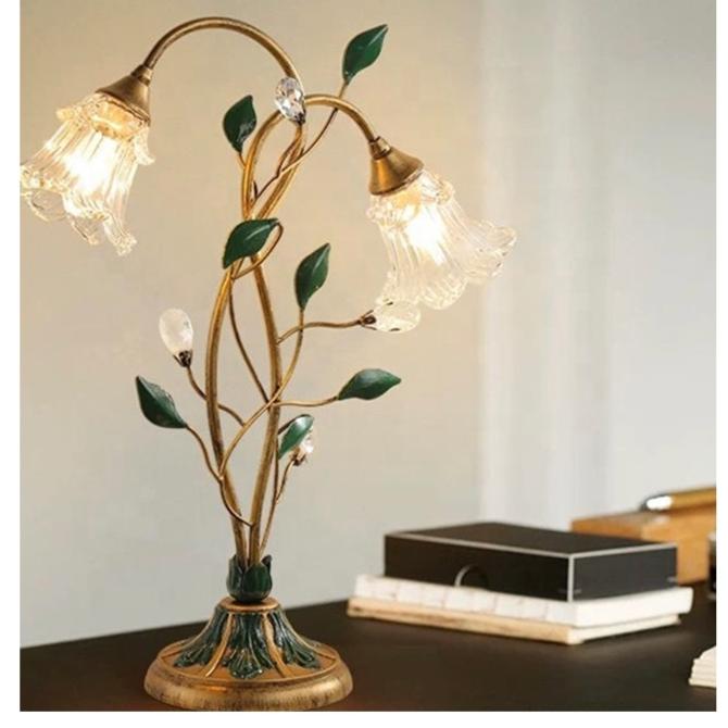 French vintage-style flower table lamp – Elegant LED light made of glass, iron & crystal with E14 socket for romantic home accents
