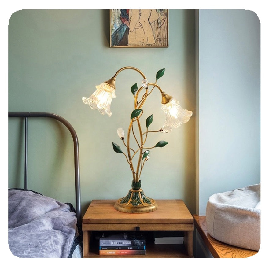 French vintage-style flower table lamp – Elegant LED light made of glass, iron & crystal with E14 socket for romantic home accents