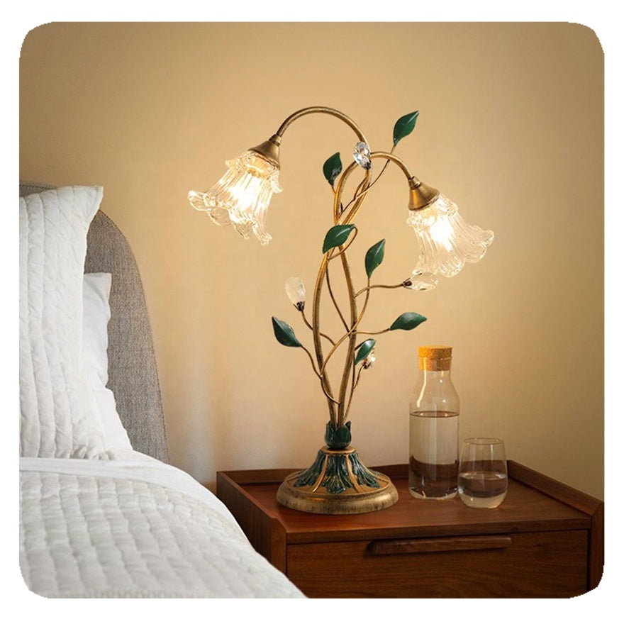 French vintage-style flower table lamp – Elegant LED light made of glass, iron & crystal with E14 socket for romantic home accents