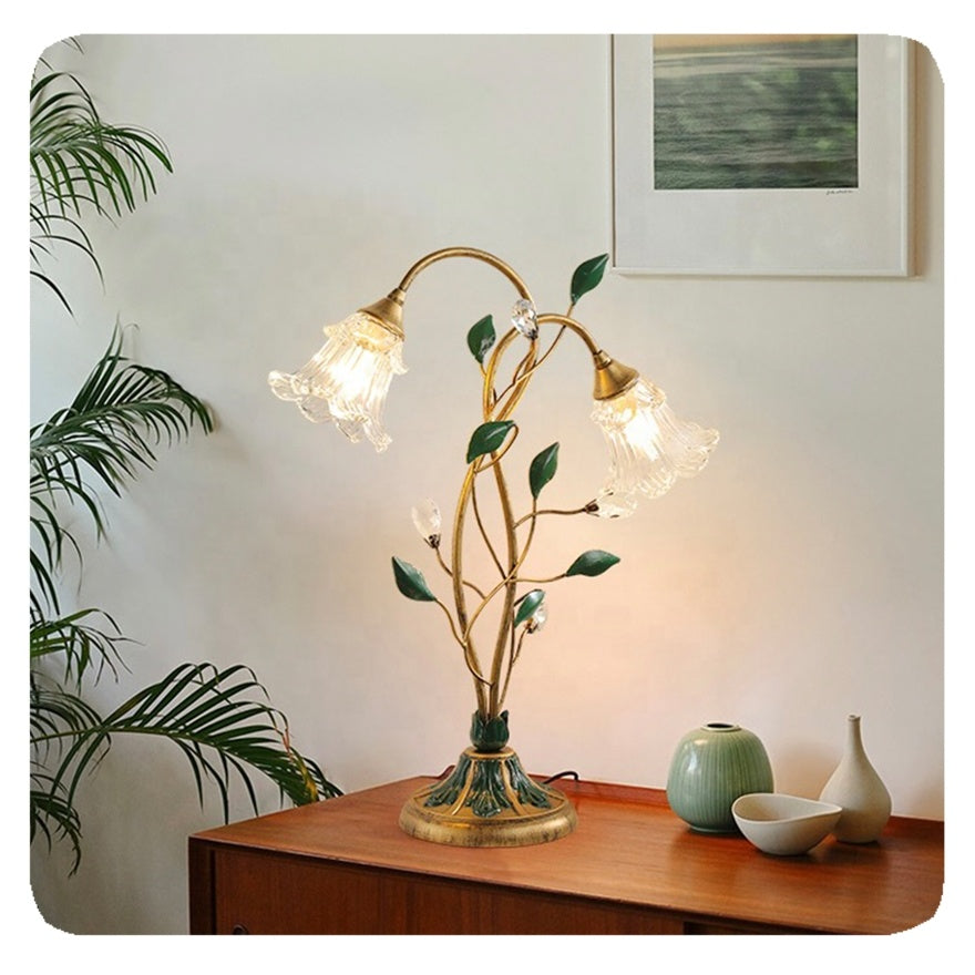 French vintage-style flower table lamp – Elegant LED light made of glass, iron & crystal with E14 socket for romantic home accents