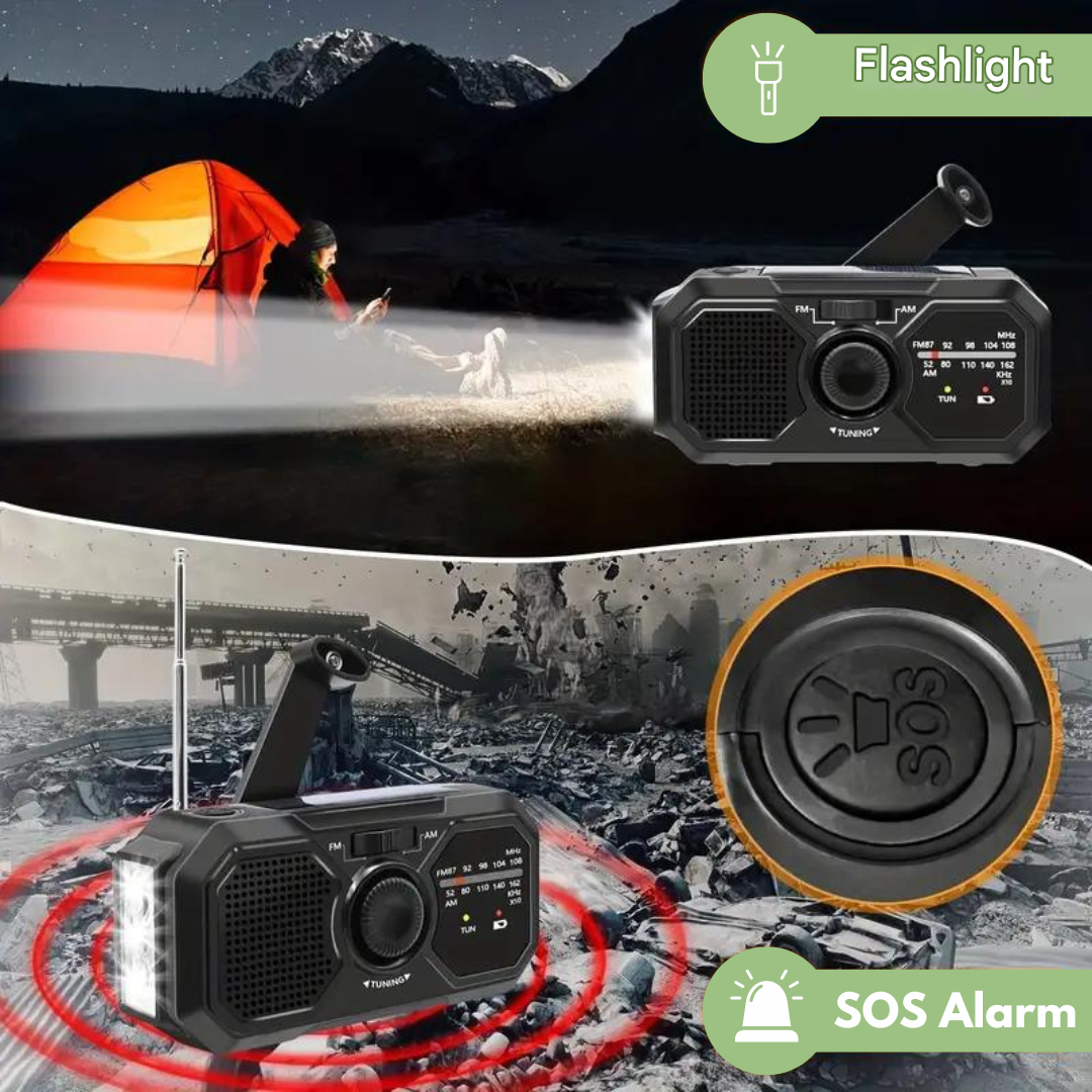 Tragbares Notfallradio mit Kurbel, Solar & LED – 3-in-1 Survival Radio mit Powerbank, Taschenlampe & SOS-Funktion für Outdoor & Krisensituationen