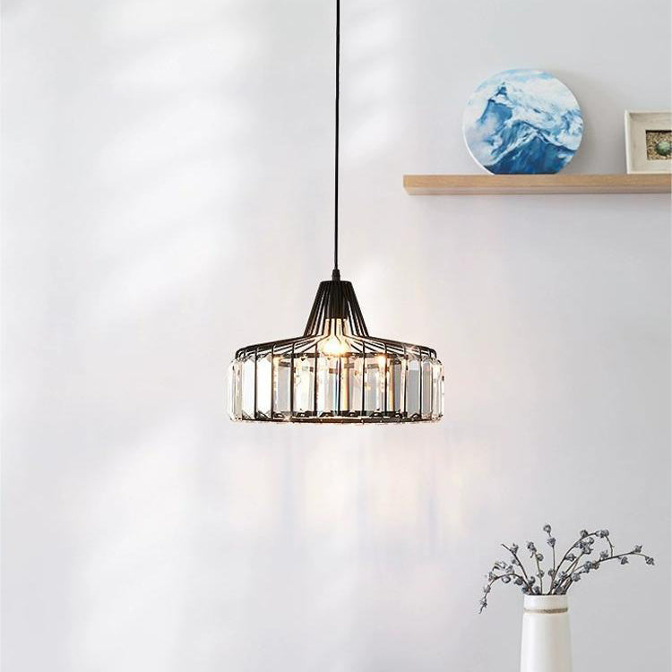 Contemporary Luxury Iron Cylinder Frame Crystal Shade 1-Light Pendant Lamp For Living Room