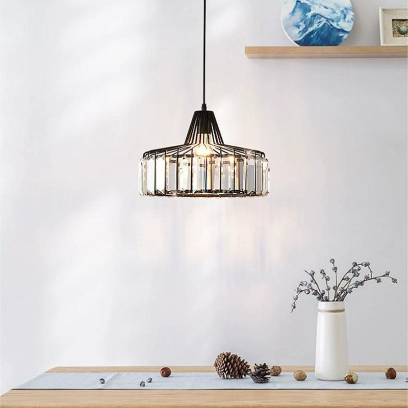 Contemporary Luxury Iron Cylinder Frame Crystal Shade 1-Light Pendant Lamp For Living Room