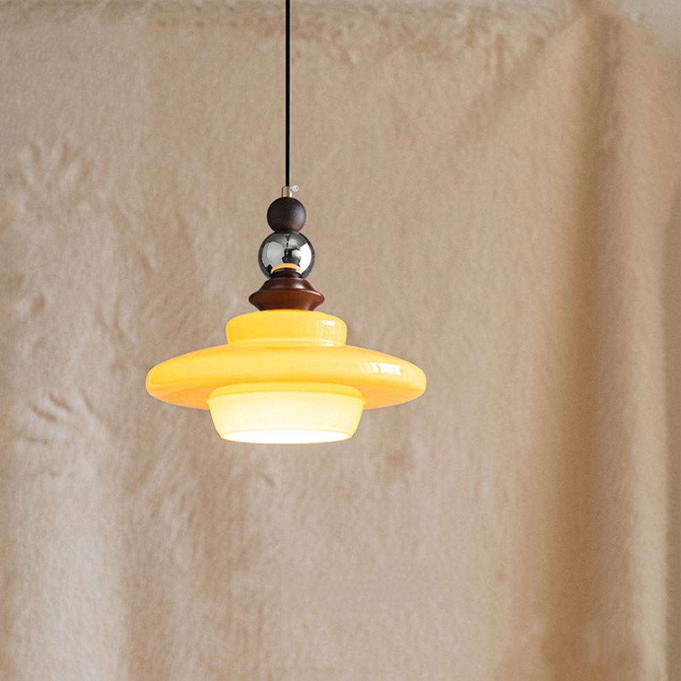 Retro Pendelleuchte im Mid-Century Design – Hängelampe mit Glas & Holzdetails für Wohnzimmer, Essbereich & Küche – Vintage Look