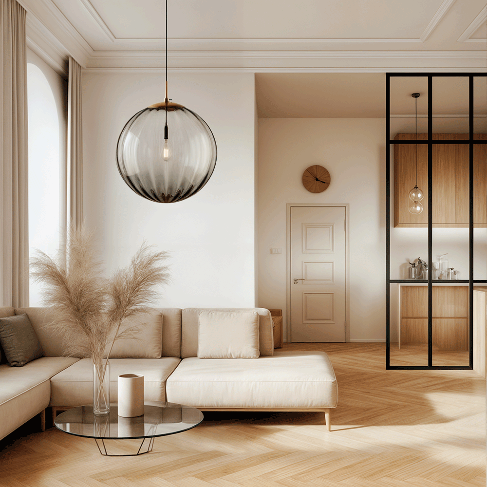 Moderne Pendelleuchte aus Rauchglas – Runde Hängeleuchte mit Messing-Fassung für Wohnzimmer & Essbereich