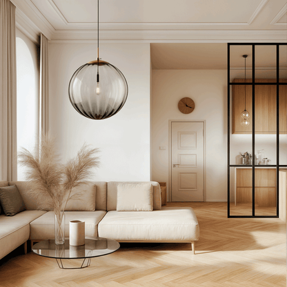 Moderne Pendelleuchte aus Rauchglas – Runde Hängeleuchte mit Messing-Fassung für Wohnzimmer & Essbereich