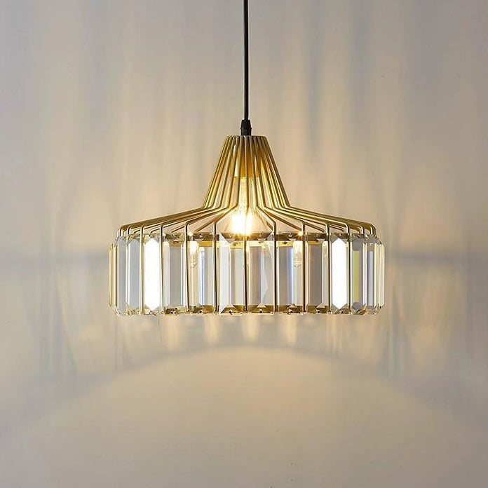 Contemporary Luxury Iron Cylinder Frame Crystal Shade 1-Light Pendant Lamp For Living Room