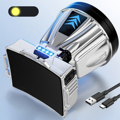 Weitstrahlender LED‑Stirn­scheinwerfer mit Powerbank