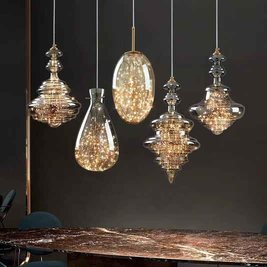 Luxuriöse Glas-Pendelleuchte mit LED-Lichterketten – Designer Hängelampe für Esszimmer, Wohnzimmer & Hotels – Vintage Modern Glamour