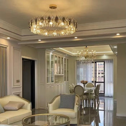 Eleganter Kristall Kronleuchter für Wohnzimmer & Esszimmer – Luxus Deckenlampe mit Tropfen-Kristallen & Goldrahmen – Modern Glamour Design