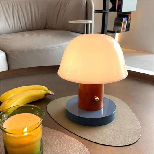 Mushroom-shaped LED table lamp with touch control – dimmable, wireless design for cozy & modern living spaces
