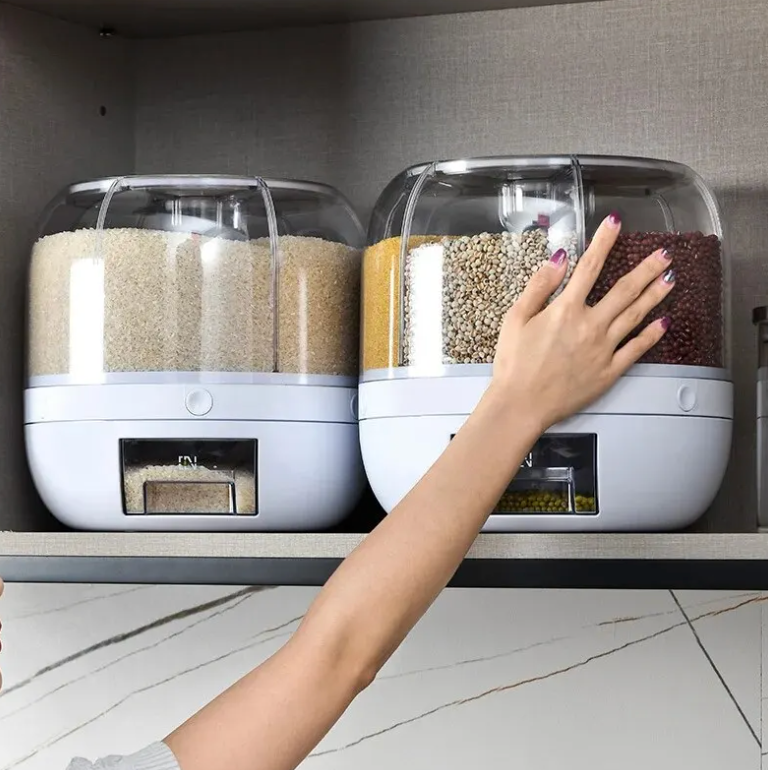 Drehbarer Getreidespender mit 6 Fächern – Luftdicht, Platzsparend & 360° Zugriff für Küche & Vorratsraum