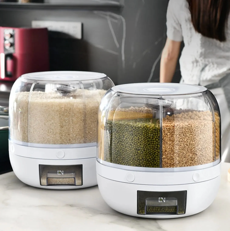 Drehbarer Getreidespender mit 6 Fächern – Luftdicht, Platzsparend & 360° Zugriff für Küche & Vorratsraum