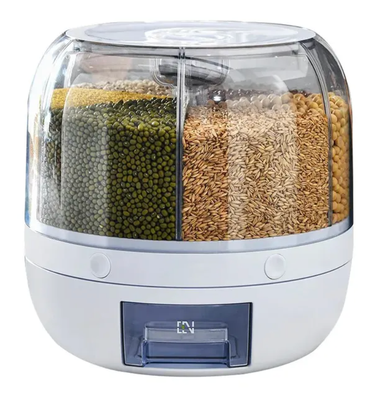 Drehbarer Getreidespender mit 6 Fächern – Luftdicht, Platzsparend & 360° Zugriff für Küche & Vorratsraum