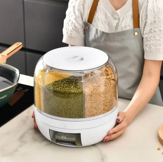 Drehbarer Getreidespender mit 6 Fächern – Luftdicht, Platzsparend & 360° Zugriff für Küche & Vorratsraum