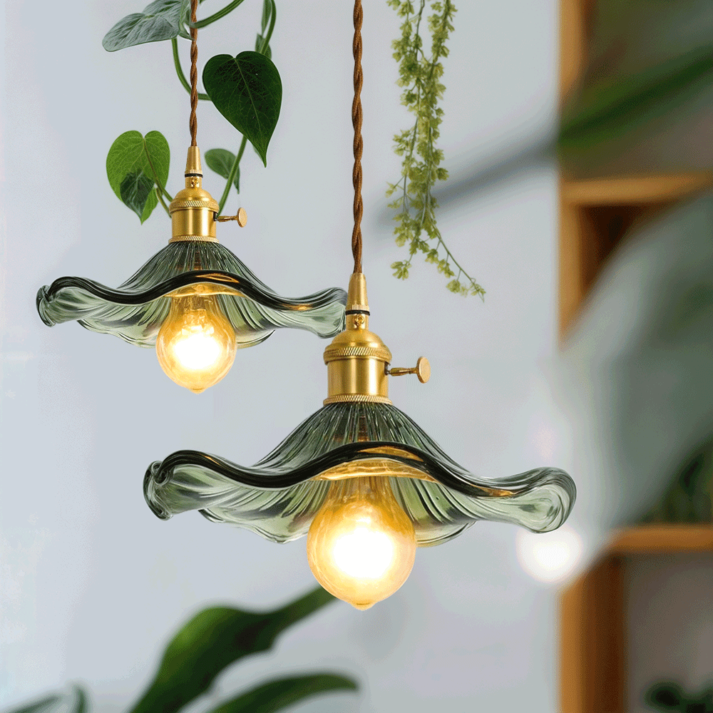 Vintage Pendelleuchte aus Glas mit Wellenform – Florale Hängeleuchte im Retro-Stil für Esszimmer, Küche & Café