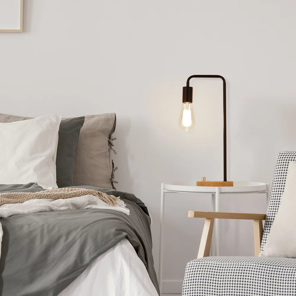 Industrielle Tischlampe im Retro-Stil – Vintage Design mit Holzfuß & Edison-Glühbirne für Wohnzimmer, Büro oder Nachttisch