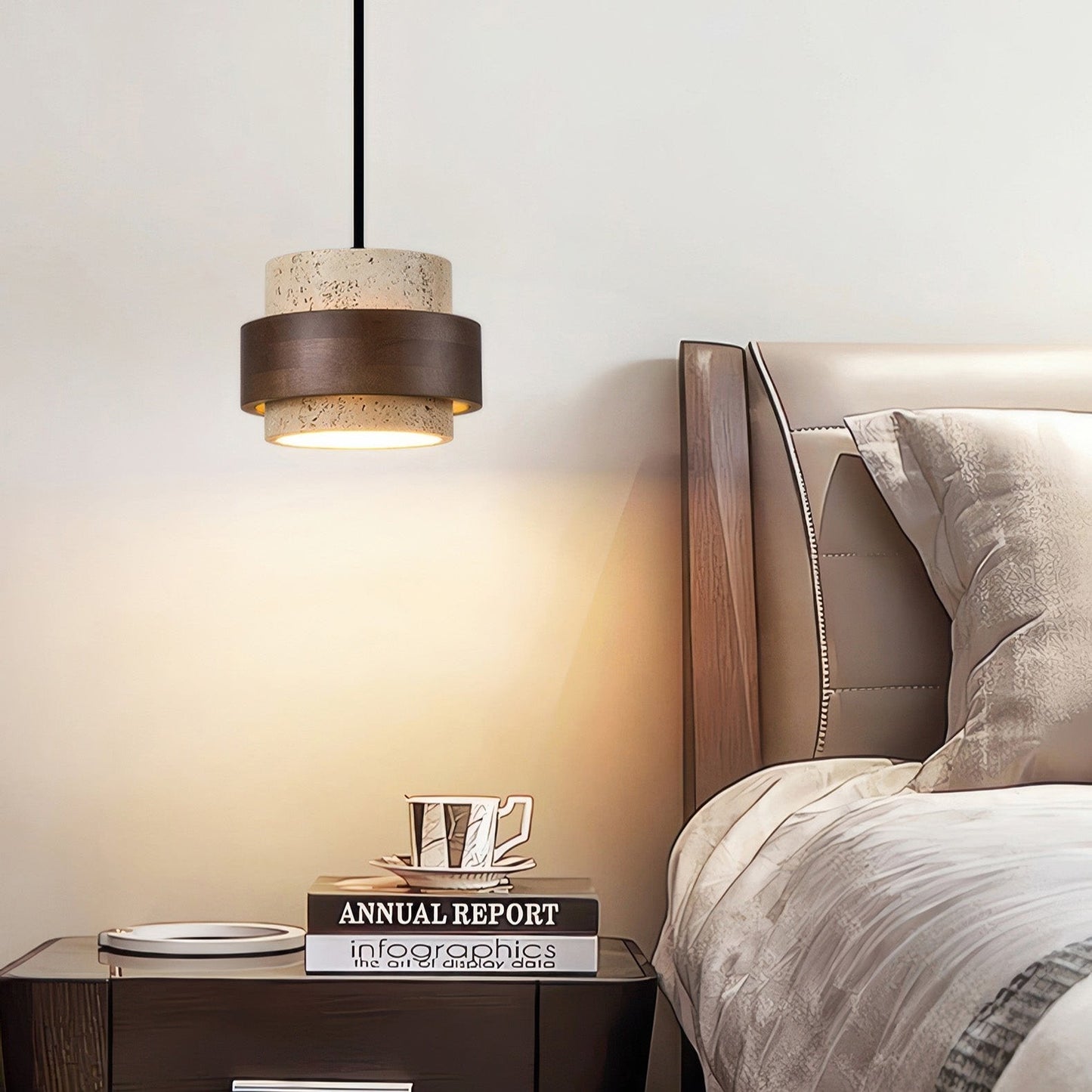 Industrielle Pendelleuchte aus Stein & Holz – Nachttischlampe im minimalistischen Design für Schlafzimmer & Leseecke