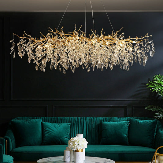 Luxuriöser Kristall Kronleuchter in Blätter-Design – Designer Hängeleuchte für Wohnzimmer, Esszimmer & Hotel – Goldene Äste & Glaskristalle