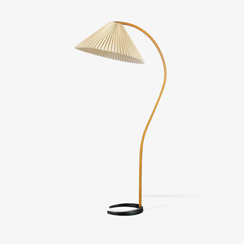 Retro Stehlampe mit geschwungenem Holzfuß & Falt-Lampenschirm – Design Stehleuchte für Wohnzimmer & Leseecke