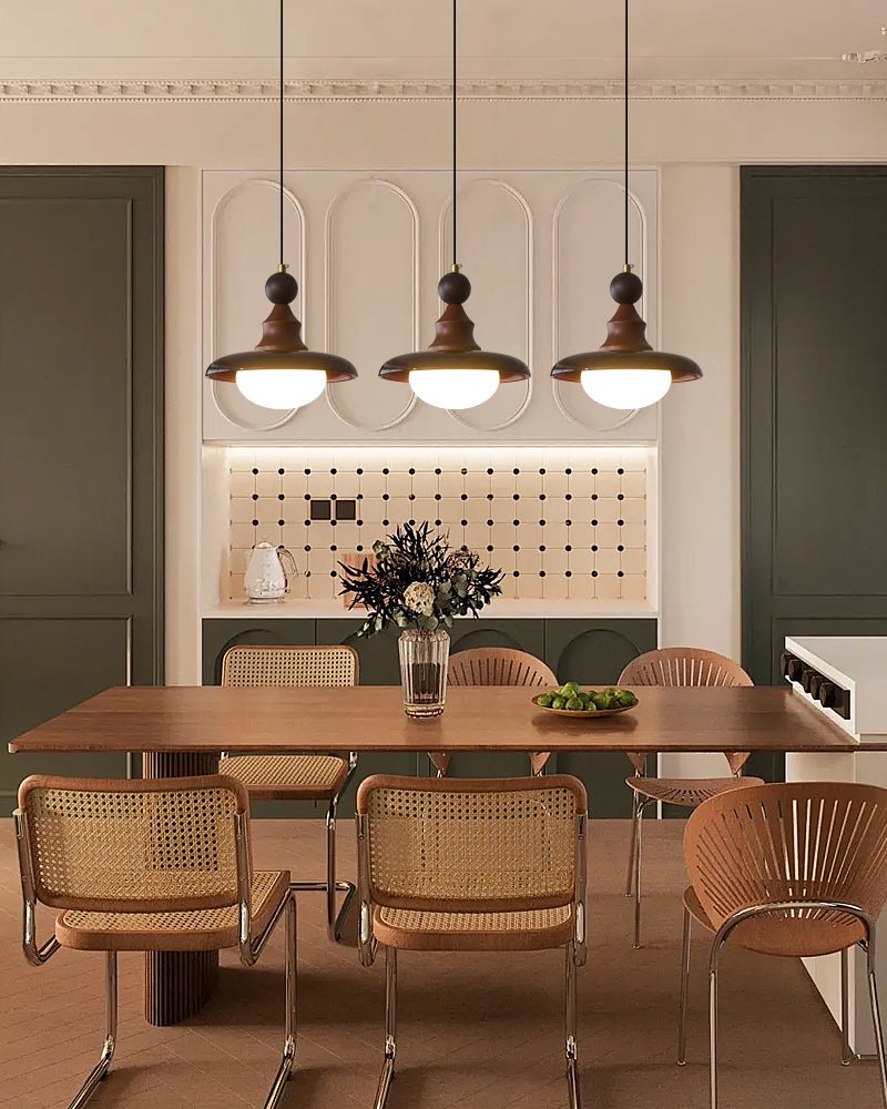 Retro Pendelleuchte mit gefaltetem Glasschirm & Holzdetails – Vintage Hängelampe für Küche, Esszimmer & Wohnzimmer – Höhenverstellbar & stilvoll