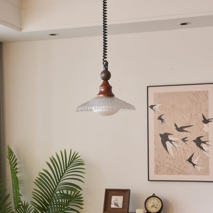 Retro Pendelleuchte mit gefaltetem Glasschirm & Holzdetails – Vintage Hängelampe für Küche, Esszimmer & Wohnzimmer – Höhenverstellbar & stilvoll