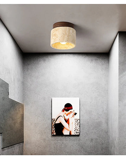 Moderne Deckenleuchte aus Naturstein & Holz – Zylindrische Aufbaulampe für Flur, Badezimmer & Wohnzimmer