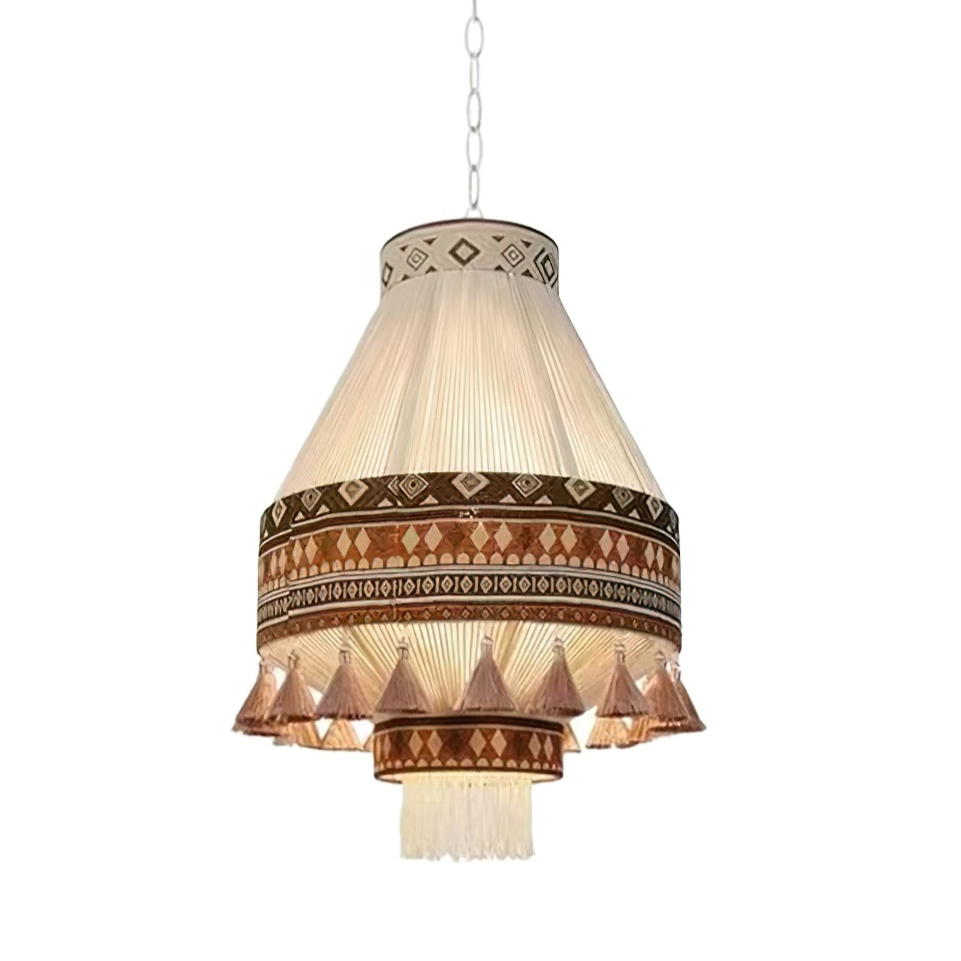 Boho Pendelleuchte mit Faltenstoff und Tribal-Muster – Handgefertigter Look für Wohnzimmer, Essbereich oder Café