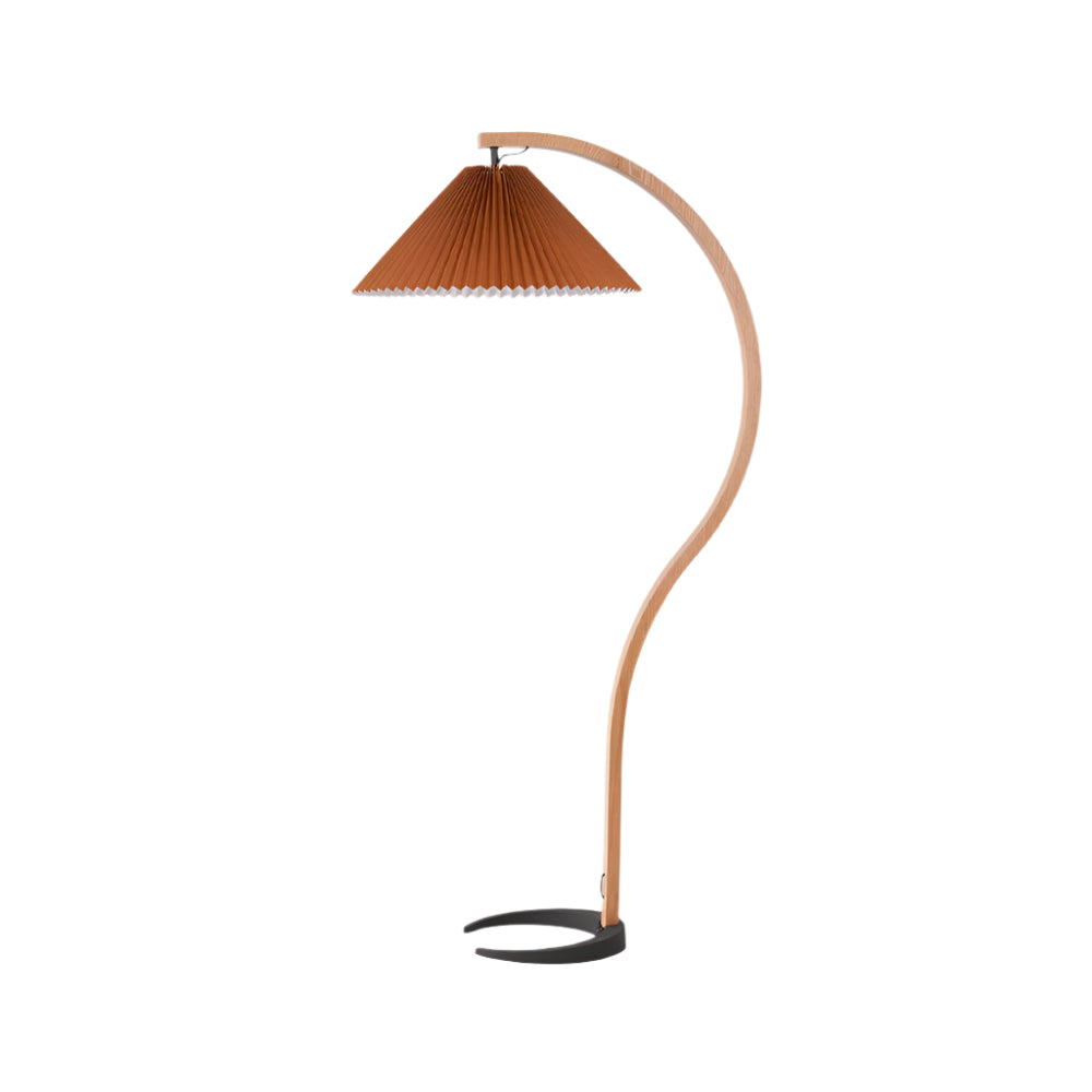 Retro Stehlampe mit geschwungenem Holzfuß & Falt-Lampenschirm – Design Stehleuchte für Wohnzimmer & Leseecke