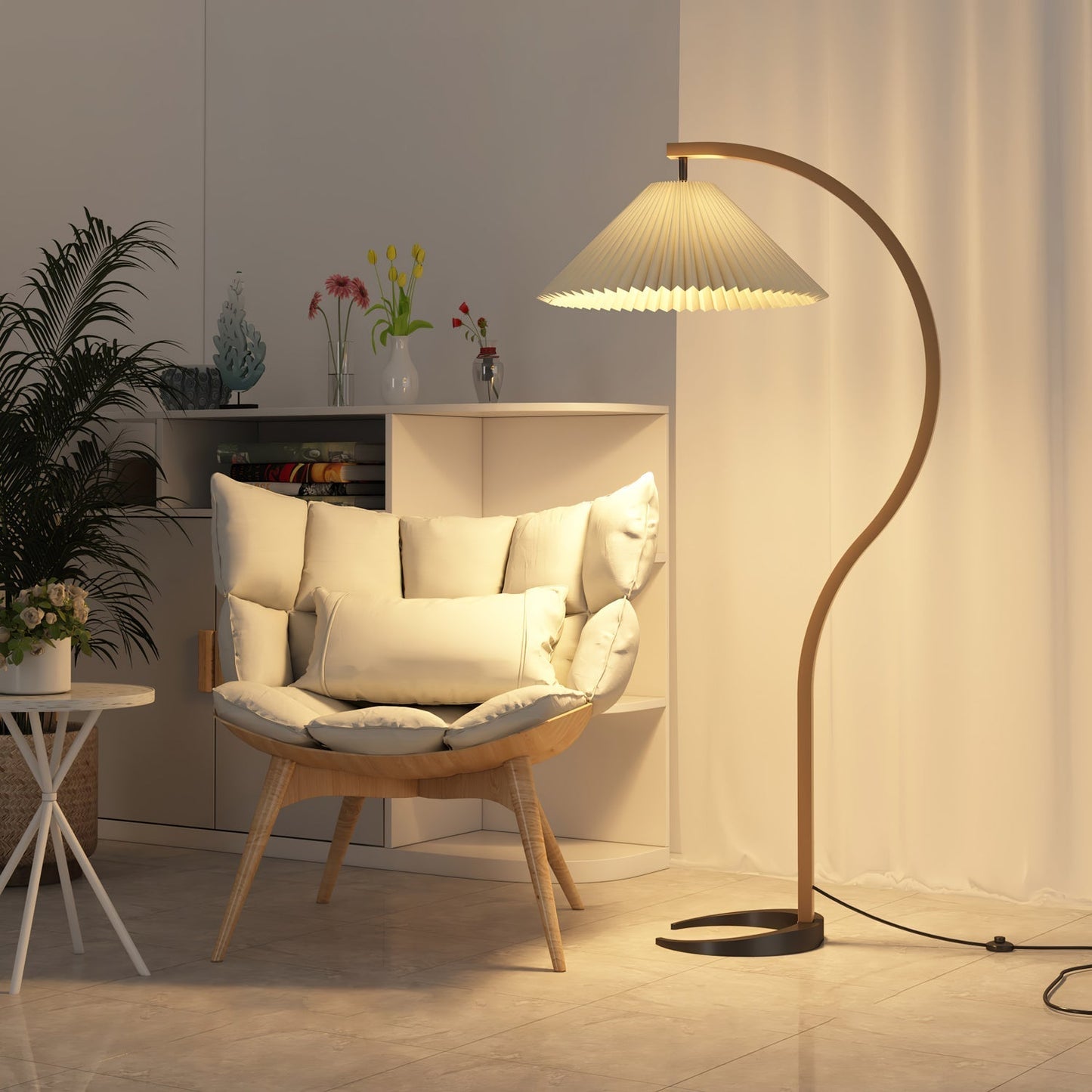 Retro Stehlampe mit geschwungenem Holzfuß & Falt-Lampenschirm – Design Stehleuchte für Wohnzimmer & Leseecke