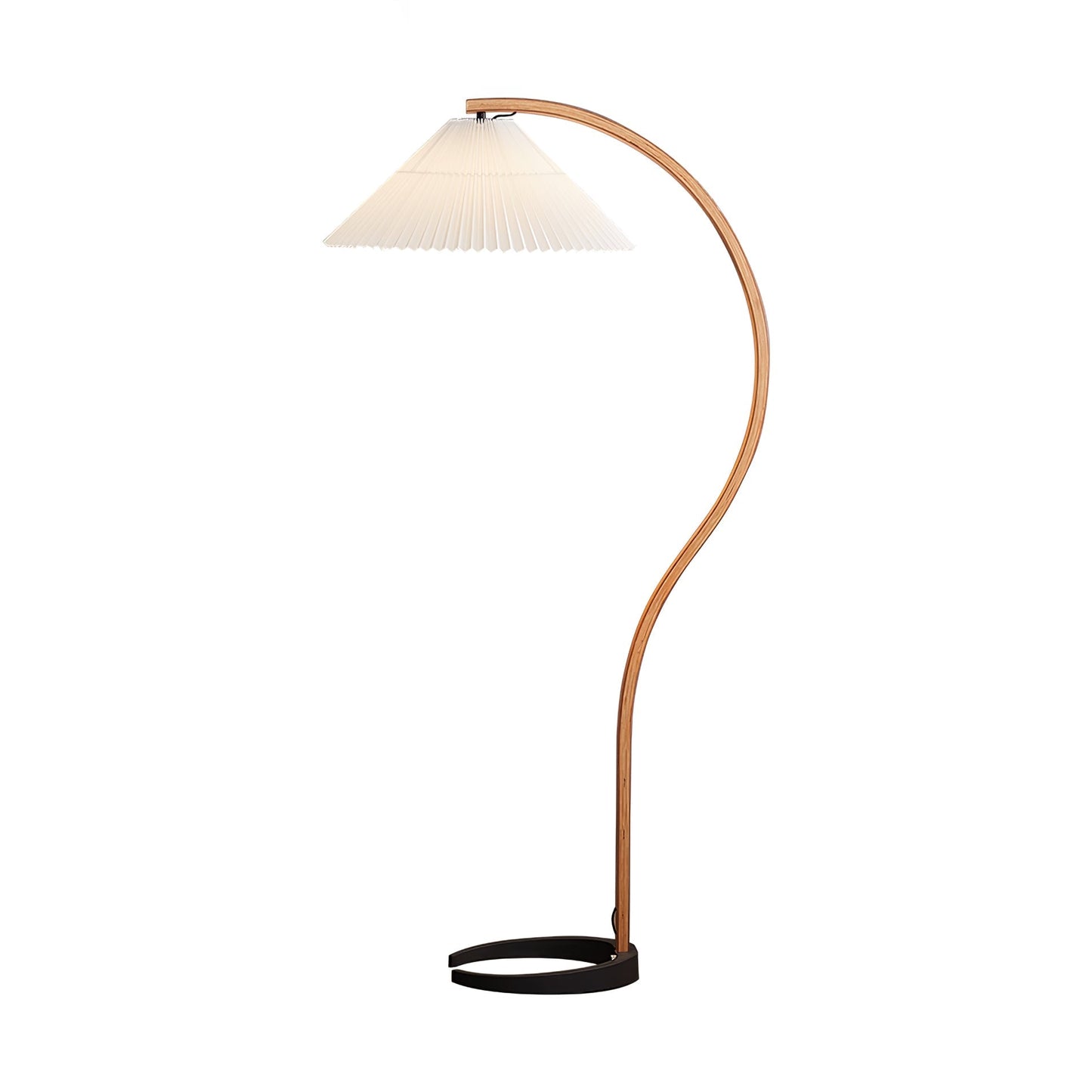 Retro Stehlampe mit geschwungenem Holzfuß & Falt-Lampenschirm – Design Stehleuchte für Wohnzimmer & Leseecke