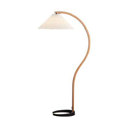 Retro Stehlampe mit geschwungenem Holzfuß & Falt-Lampenschirm – Design Stehleuchte für Wohnzimmer & Leseecke